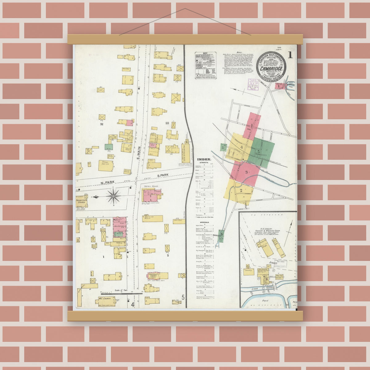 Old map wall art mockup — magnetic wood frame on brick wall — Sanborn Fire Insurance Map from Cambridge, Washington County, New York (1904), Sheet #0001