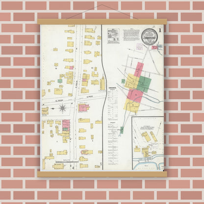 Old map wall art mockup — magnetic wood frame on brick wall — Sanborn Fire Insurance Map from Cambridge, Washington County, New York (1904), Sheet #0001