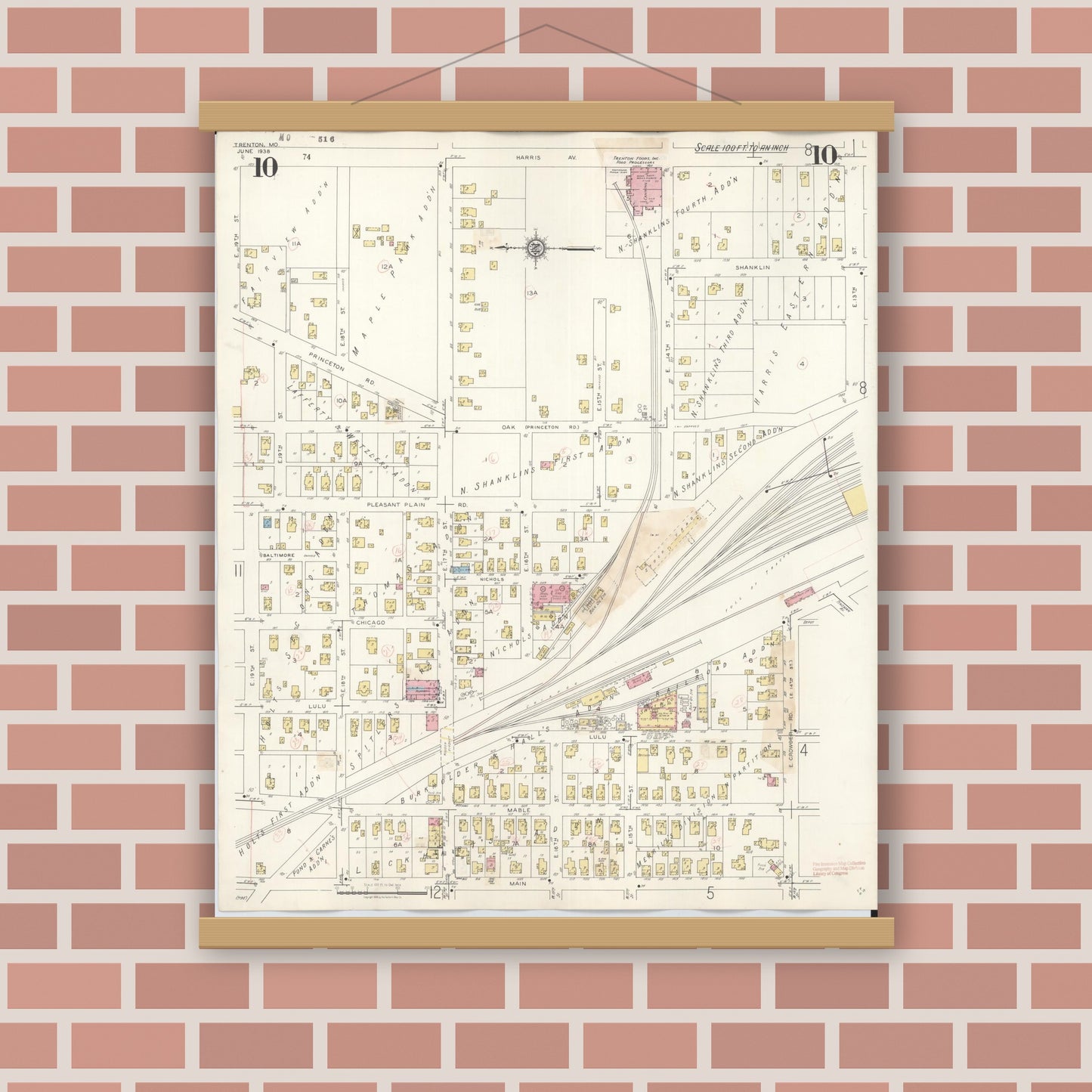Old map wall art mockup — magnetic wood frame on brick wall — Sanborn Fire Insurance Map from Trenton, Grundy County, Missouri (1948), Sheet #0010