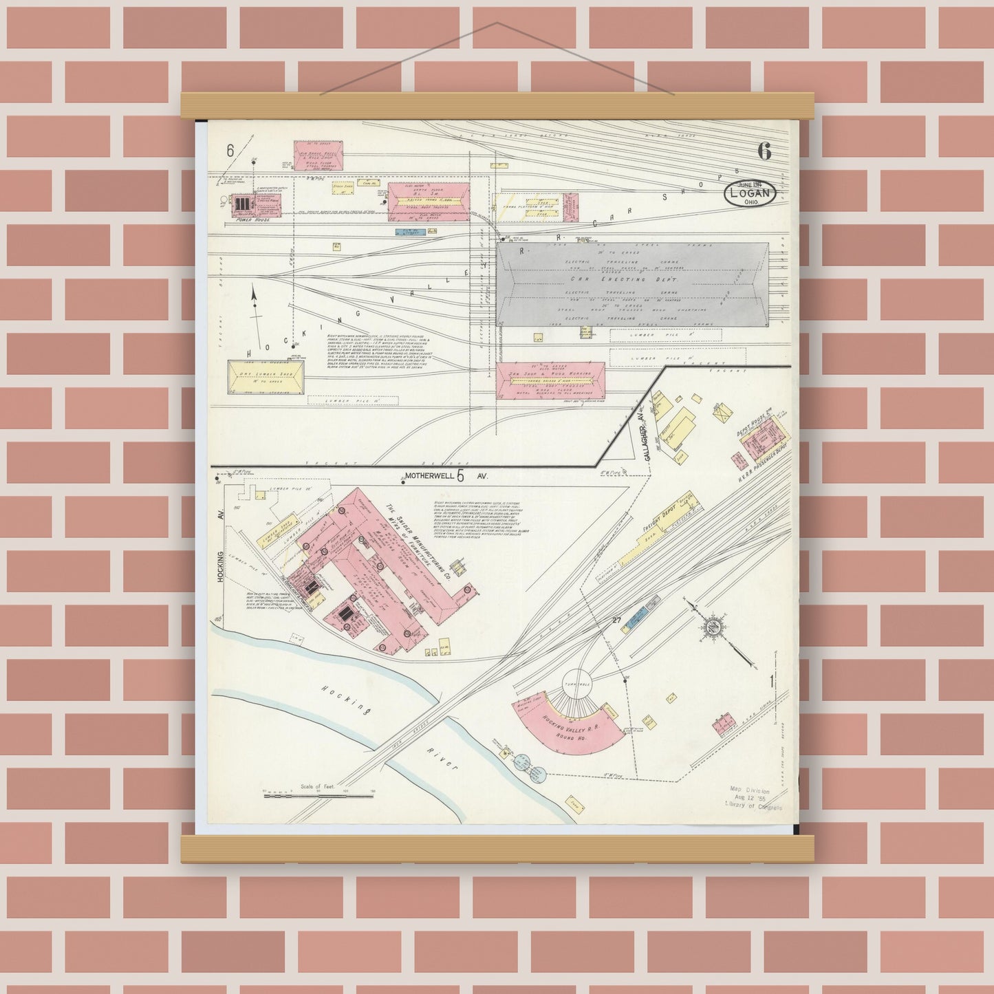 Old map wall art mockup — magnetic wood frame on brick wall — Sanborn Fire Insurance Map from Logan, Hocking County, Ohio (1914), Sheet #0006
