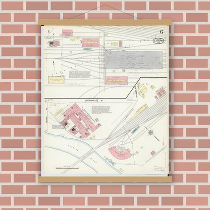 Old map wall art mockup — magnetic wood frame on brick wall — Sanborn Fire Insurance Map from Logan, Hocking County, Ohio (1914), Sheet #0006