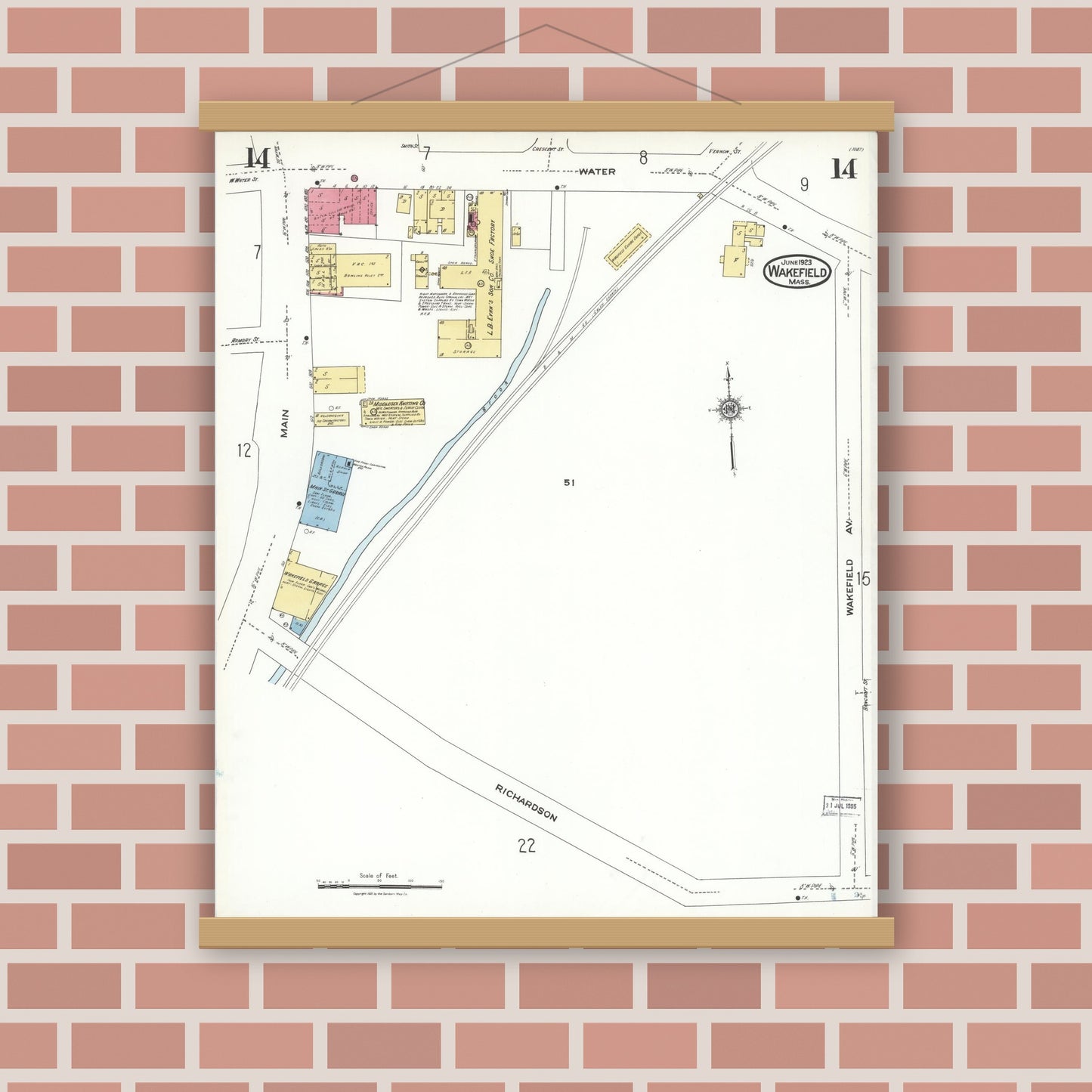 Old map wall art mockup — magnetic wood frame on brick wall — Sanborn Fire Insurance Map from Wakefield, Middlesex County, Massachusetts (1923), Sheet #0014