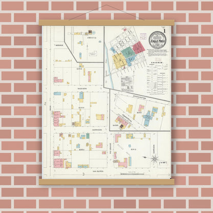 Old map wall art mockup — magnetic wood frame on brick wall — Sanborn Fire Insurance Map from Eagle Pass, Maverick County, Texas (1905) - Complete Map Set