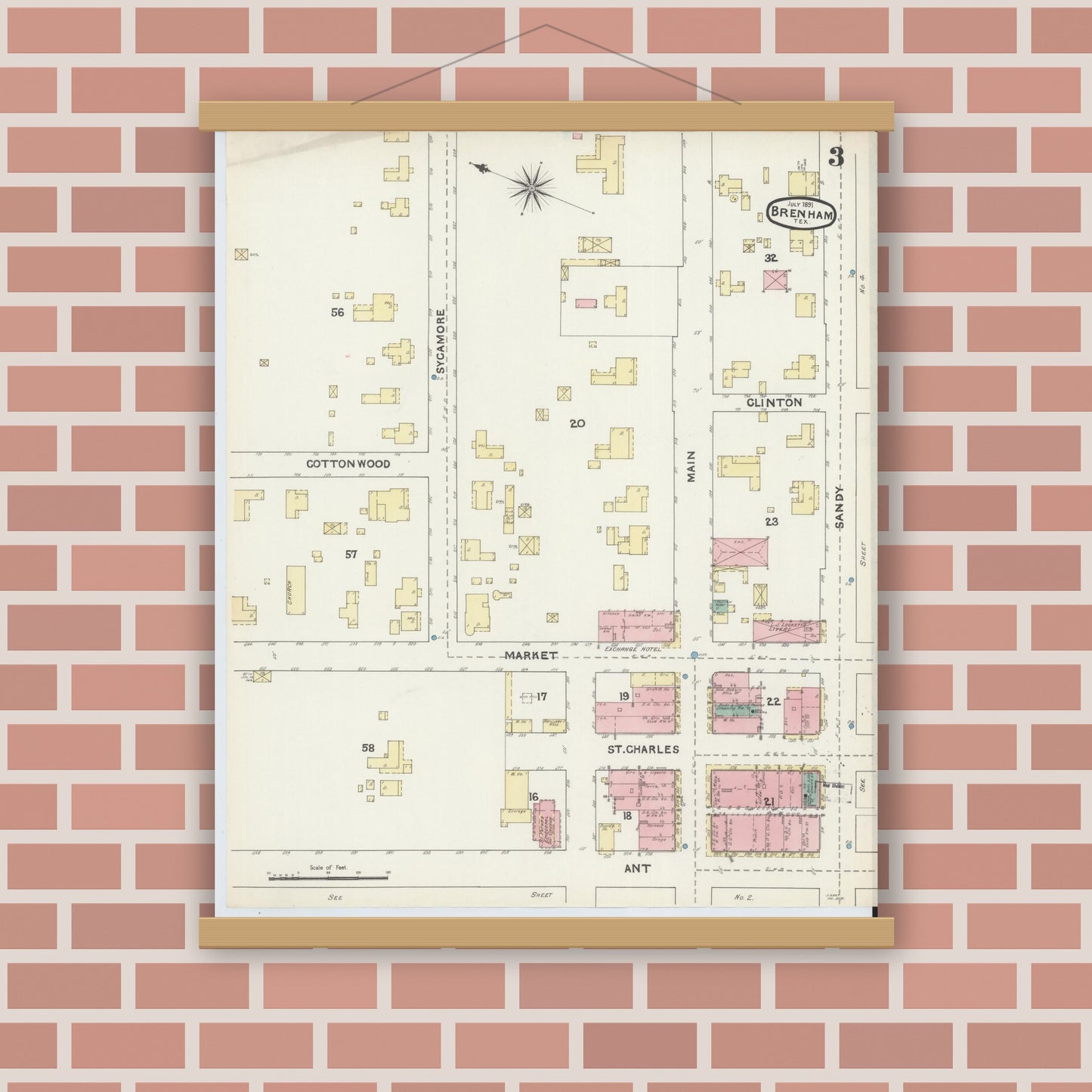 Old map wall art mockup — magnetic wood frame on brick wall — Sanborn Fire Insurance Map from Brenham, Washington County, Texas (1891), Sheet #0003