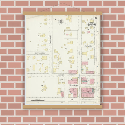 Old map wall art mockup — magnetic wood frame on brick wall — Sanborn Fire Insurance Map from Brenham, Washington County, Texas (1891), Sheet #0003