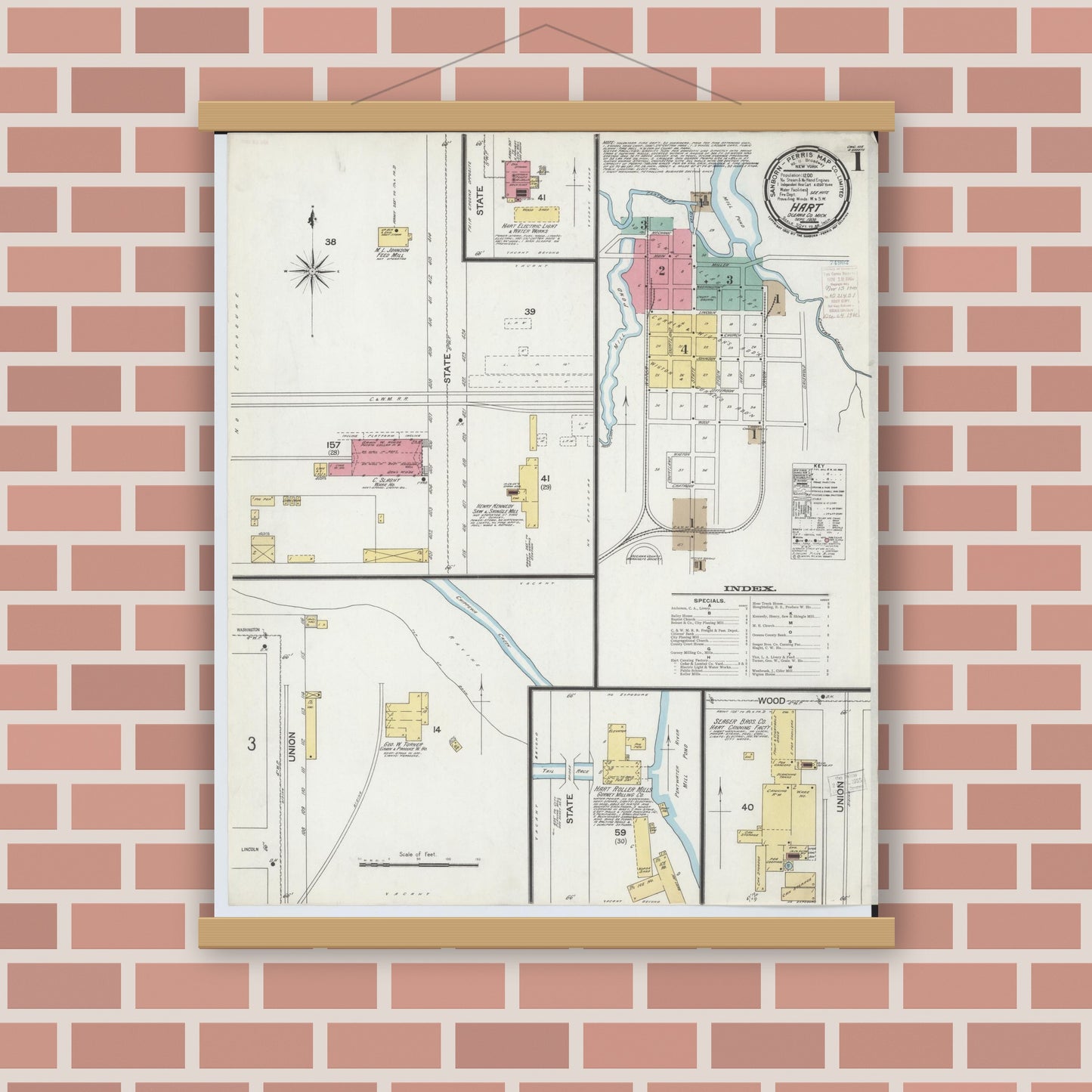 Old map wall art mockup — magnetic wood frame on brick wall — Sanborn Fire Insurance Map from Hart, Oceana County, Michigan (1900) - Complete Map Set