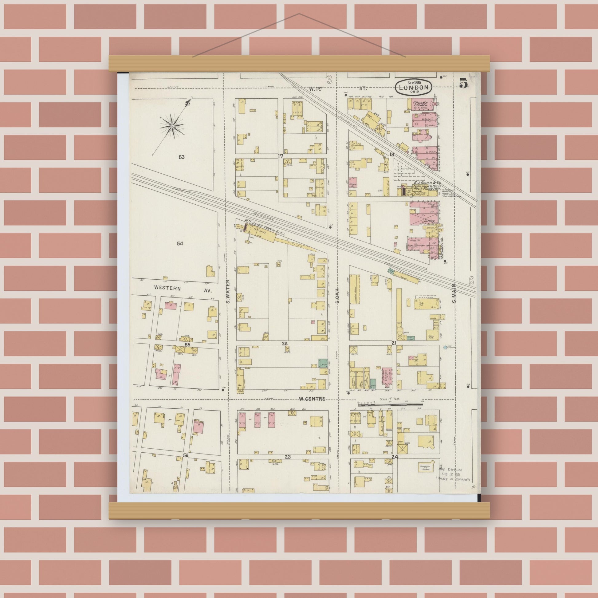 Old map wall art mockup — magnetic wood frame on brick wall — Sanborn Fire Insurance Map from London, Madison County, Ohio (1895), Sheet #0005