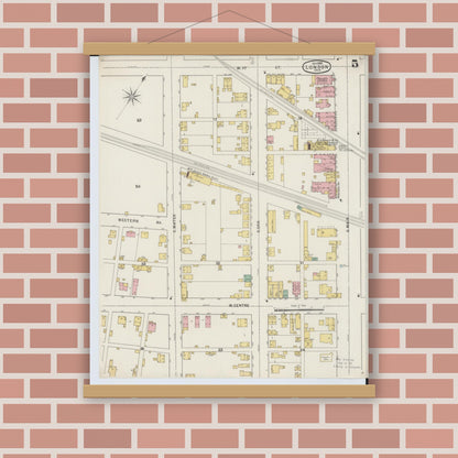 Old map wall art mockup — magnetic wood frame on brick wall — Sanborn Fire Insurance Map from London, Madison County, Ohio (1895), Sheet #0005