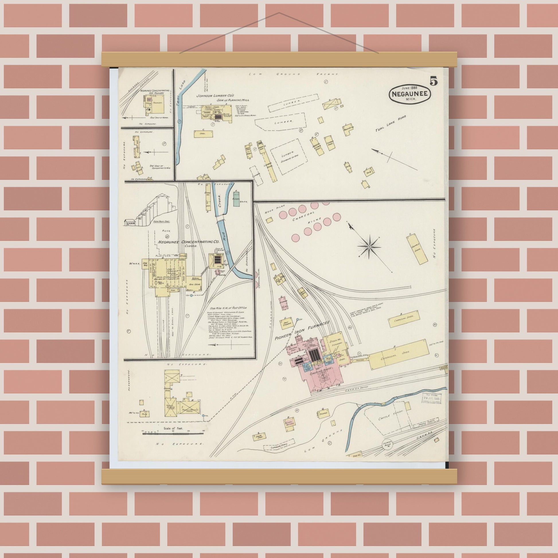 Old map wall art mockup — magnetic wood frame on brick wall — Sanborn Fire Insurance Map from Negaunee, Marquette County, Michigan (1888), Sheet #0005