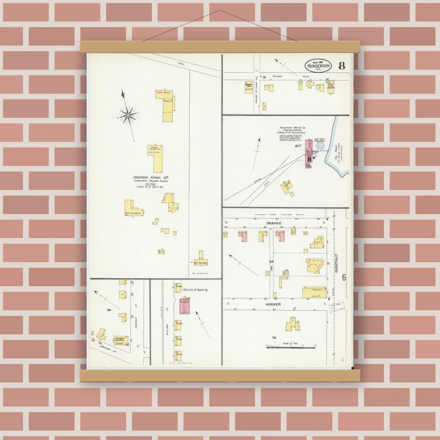 Old map wall art mockup — magnetic wood frame on brick wall — Sanborn Fire Insurance Map from Henderson, Vance County, North Carolina (1907), Sheet #0008