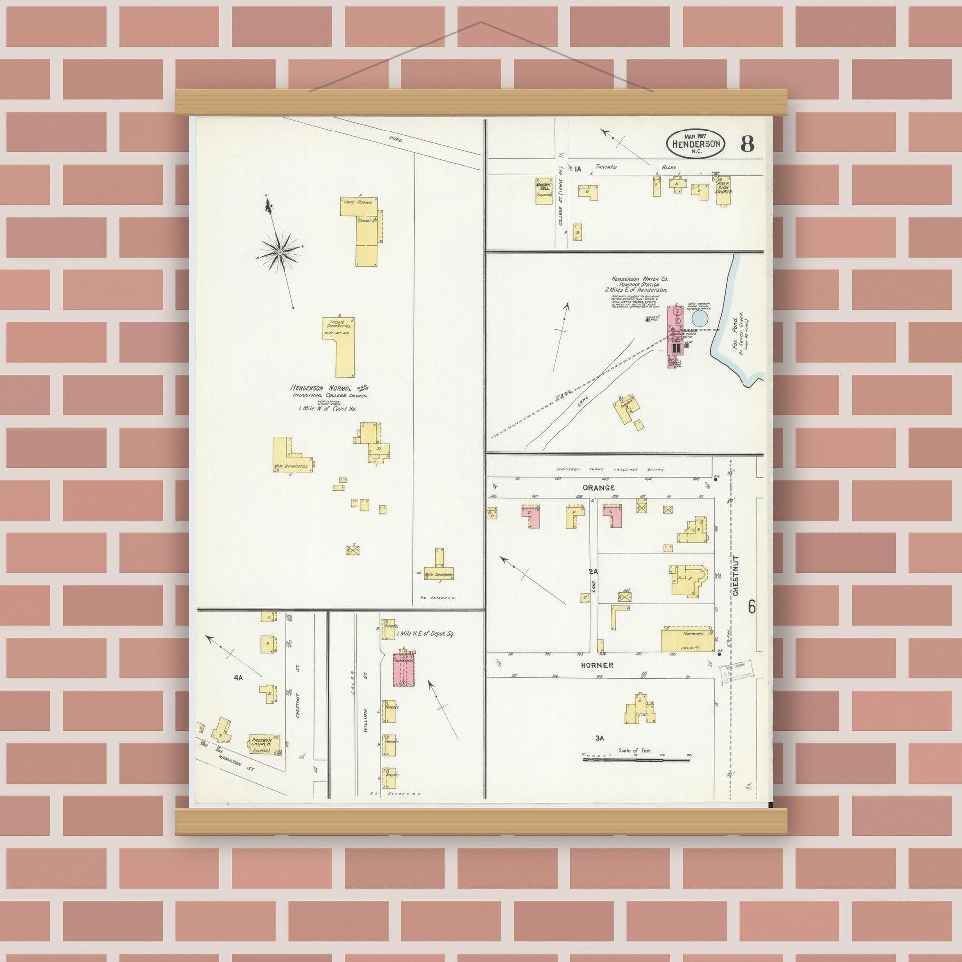 Old map wall art mockup — magnetic wood frame on brick wall — Sanborn Fire Insurance Map from Henderson, Vance County, North Carolina (1907), Sheet #0008
