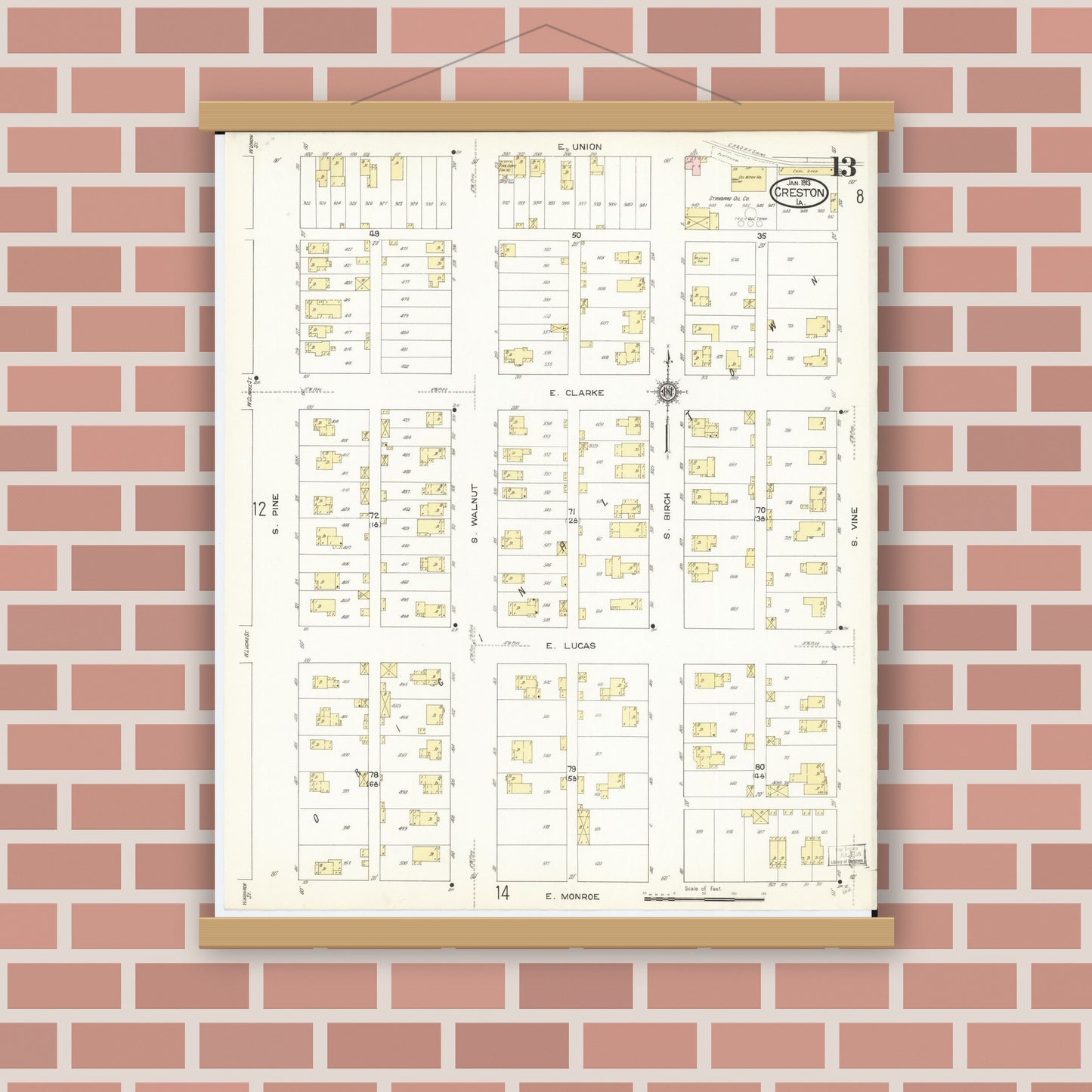 Old map wall art mockup — magnetic wood frame on brick wall — Sanborn Fire Insurance Map from Creston, Union County, Iowa (1913), Sheet #0013