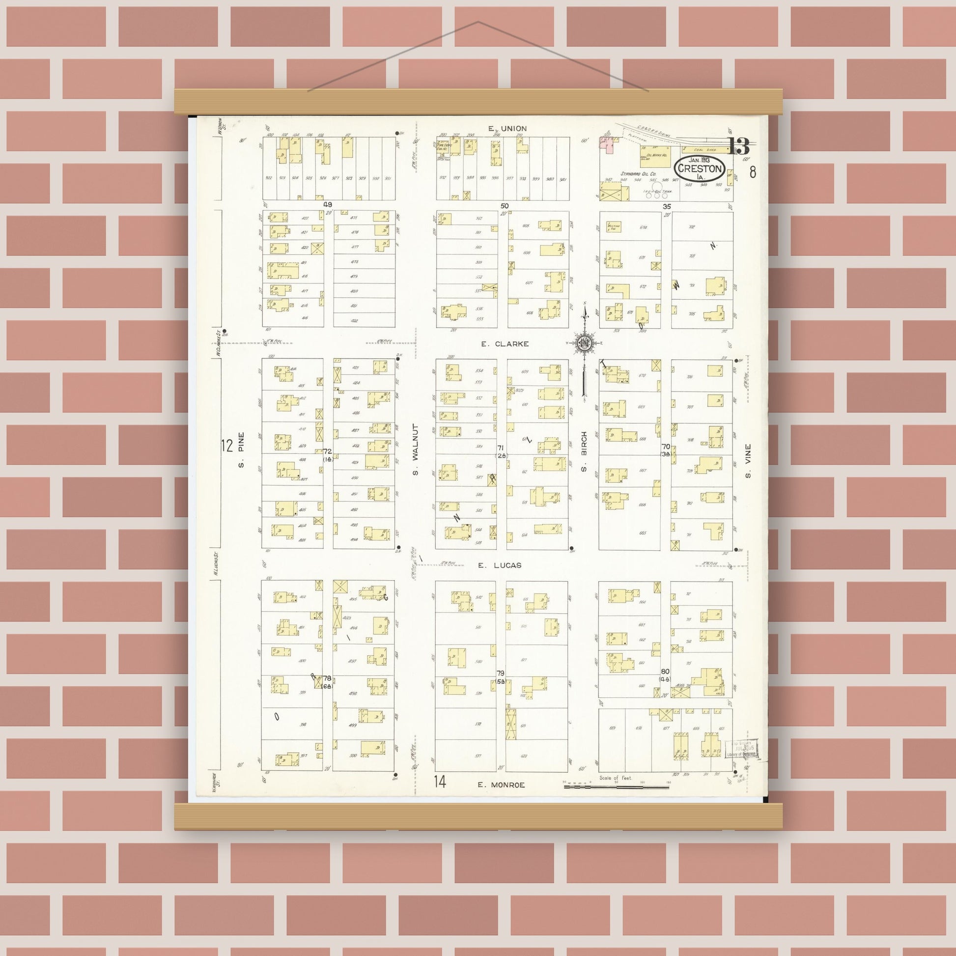 Old map wall art mockup — magnetic wood frame on brick wall — Sanborn Fire Insurance Map from Creston, Union County, Iowa (1913), Sheet #0013