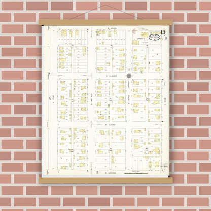Old map wall art mockup — magnetic wood frame on brick wall — Sanborn Fire Insurance Map from Creston, Union County, Iowa (1913), Sheet #0013