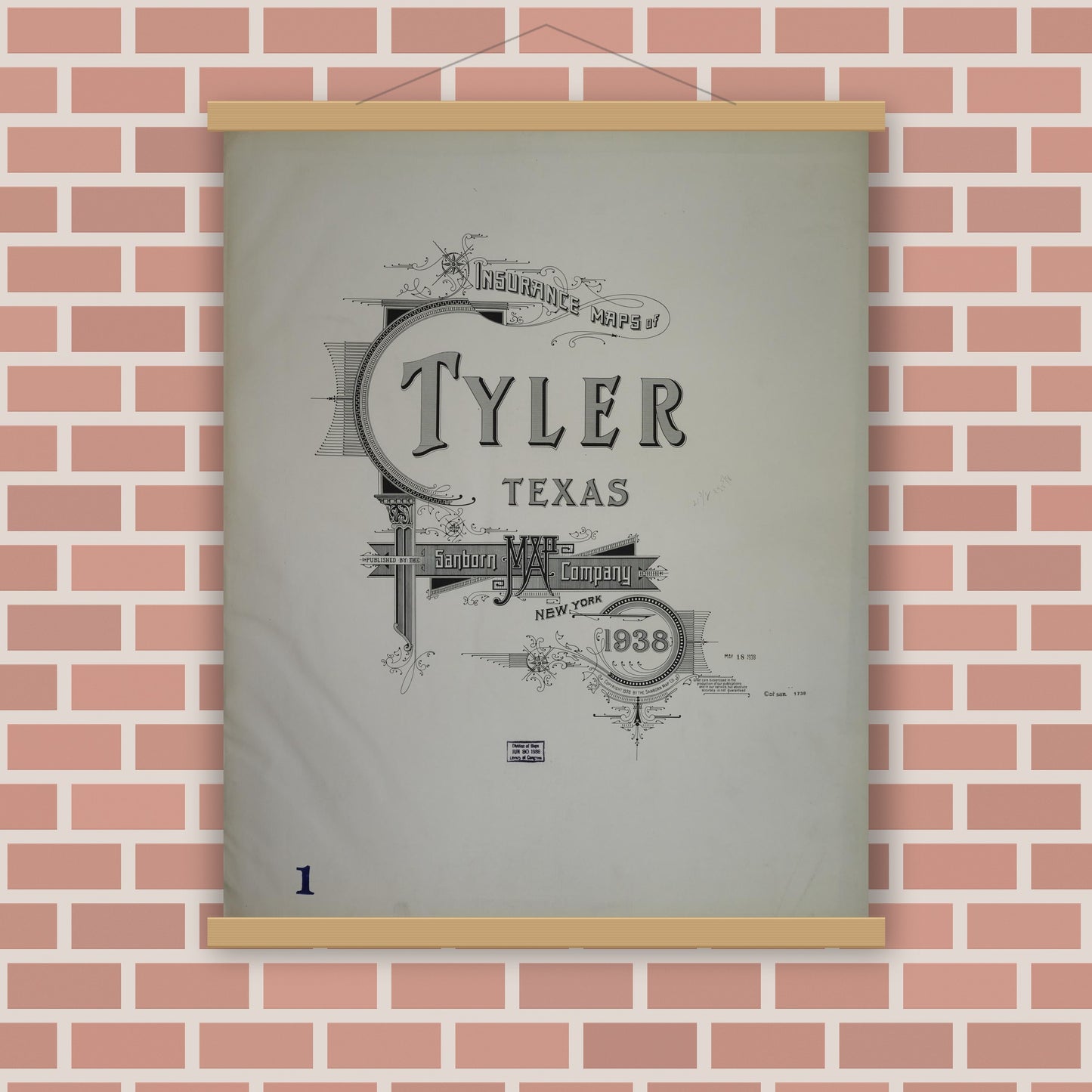Old map wall art mockup — magnetic wood frame on brick wall — Sanborn Fire Insurance Map from Tyler, Smith County, Texas (1938), Sheet #0001