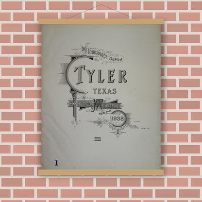 Old map wall art mockup — magnetic wood frame on brick wall — Sanborn Fire Insurance Map from Tyler, Smith County, Texas (1938), Sheet #0001