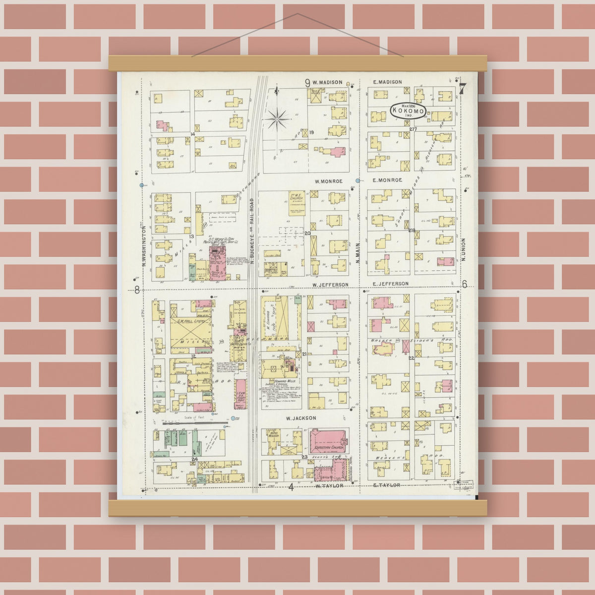 Old map wall art mockup — magnetic wood frame on brick wall — Sanborn Fire Insurance Map from Kokomo, Howard County, Indiana (1896), Sheet #0007