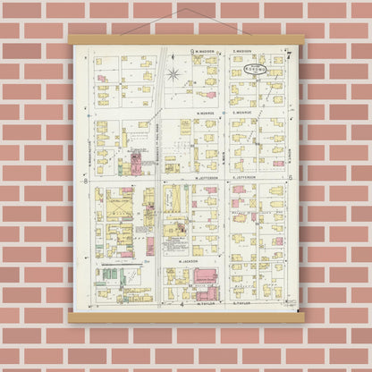 Old map wall art mockup — magnetic wood frame on brick wall — Sanborn Fire Insurance Map from Kokomo, Howard County, Indiana (1896), Sheet #0007