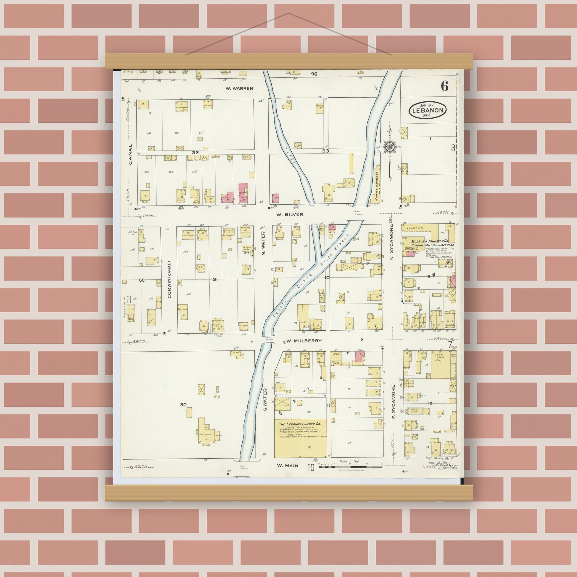 Old map wall art mockup — magnetic wood frame on brick wall — Sanborn Fire Insurance Map from Lebanon, Warren County, Ohio (1917), Sheet #0006