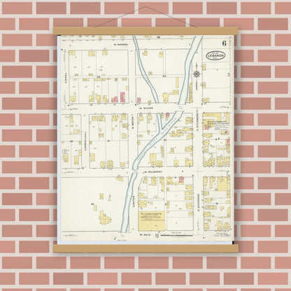 Old map wall art mockup — magnetic wood frame on brick wall — Sanborn Fire Insurance Map from Lebanon, Warren County, Ohio (1917), Sheet #0006