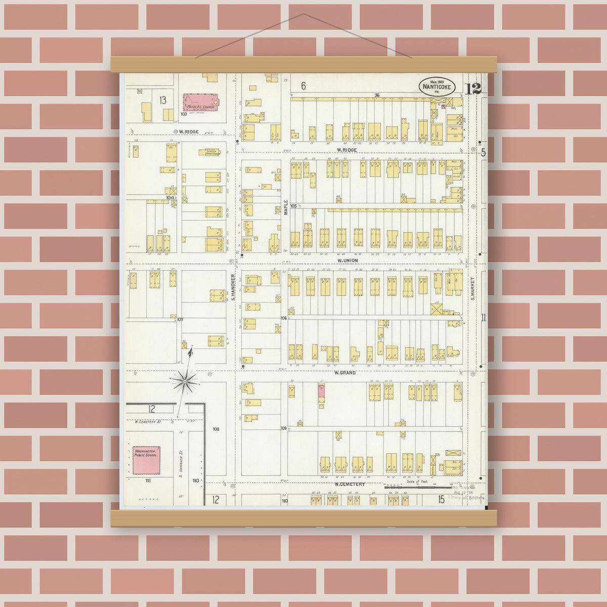 Old map wall art mockup — magnetic wood frame on brick wall — Sanborn Fire Insurance Map from Nanticoke, Luzerne County, Pennsylvania (1903), Sheet #0012