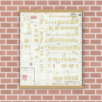 Old map wall art mockup — magnetic wood frame on brick wall — Sanborn Fire Insurance Map from Nanticoke, Luzerne County, Pennsylvania (1903), Sheet #0012
