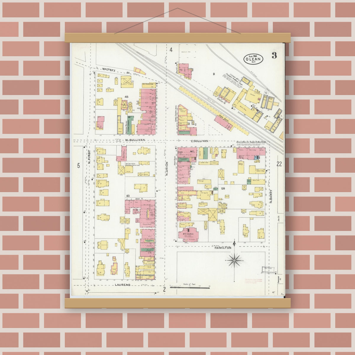Old map wall art mockup — magnetic wood frame on brick wall — Sanborn Fire Insurance Map from Olean, Cattaraugus County, New York (1904), Sheet #0003