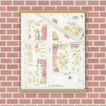 Old map wall art mockup — magnetic wood frame on brick wall — Sanborn Fire Insurance Map from Olean, Cattaraugus County, New York (1904), Sheet #0003