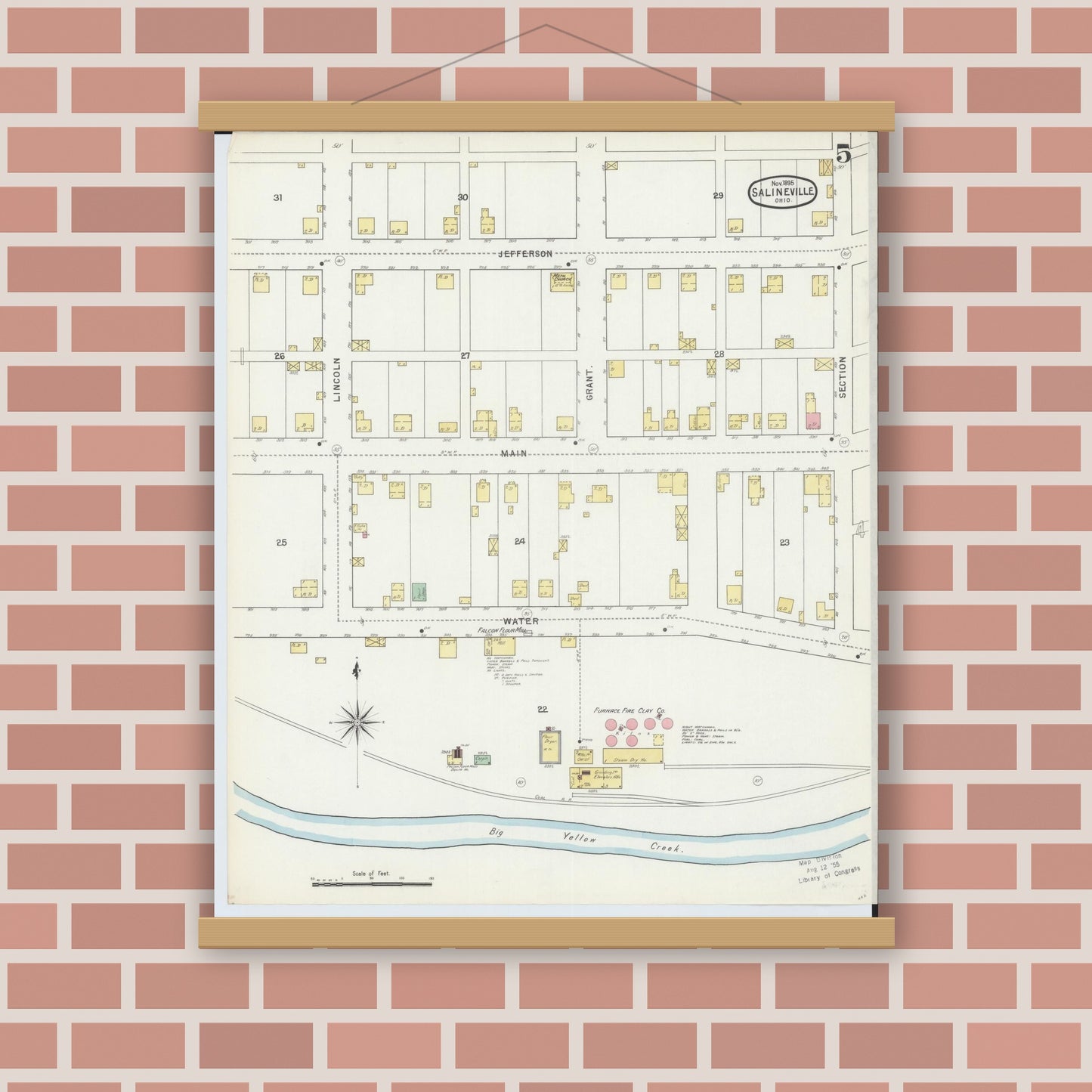 Old map wall art mockup — magnetic wood frame on brick wall — Sanborn Fire Insurance Map from Salineville, Columbiana County, Ohio (1895), Sheet #0005