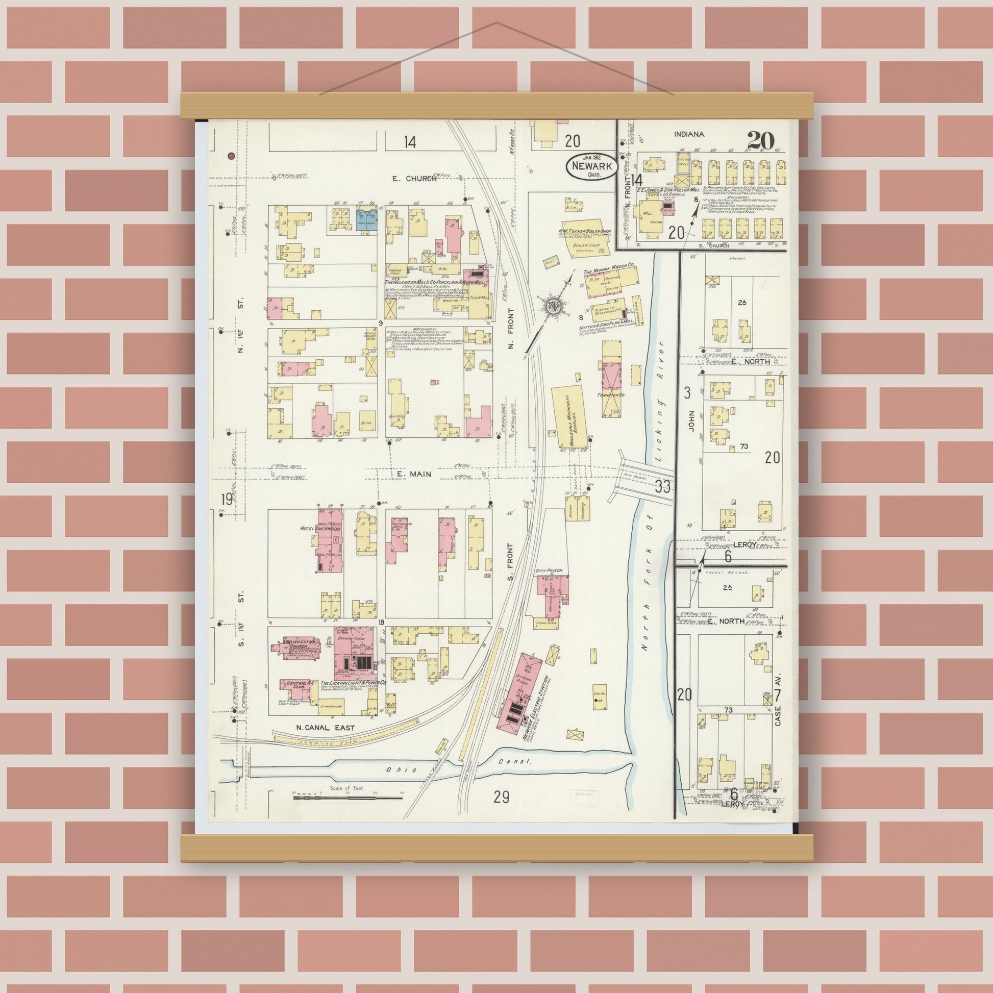 Old map wall art mockup — magnetic wood frame on brick wall — Sanborn Fire Insurance Map from Newark, Licking County, Ohio (1912), Sheet #0020