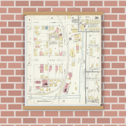 Old map wall art mockup — magnetic wood frame on brick wall — Sanborn Fire Insurance Map from Newark, Licking County, Ohio (1912), Sheet #0020