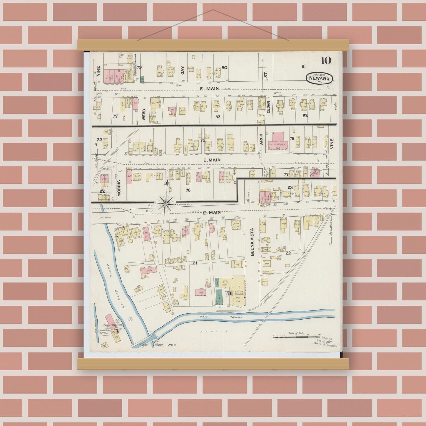 Old map wall art mockup — magnetic wood frame on brick wall — Sanborn Fire Insurance Map from Newark, Licking County, Ohio (1889), Sheet #0010