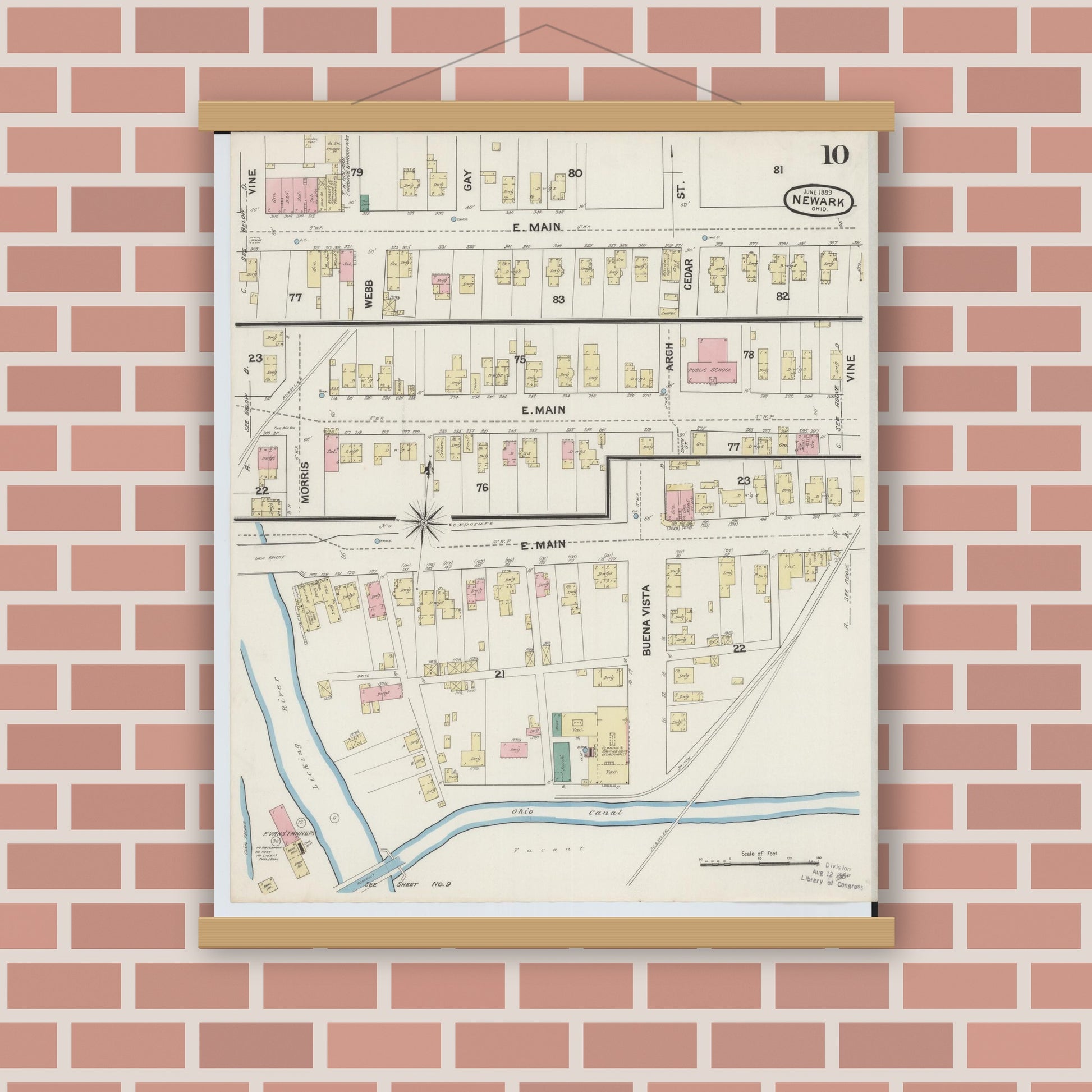 Old map wall art mockup — magnetic wood frame on brick wall — Sanborn Fire Insurance Map from Newark, Licking County, Ohio (1889), Sheet #0010