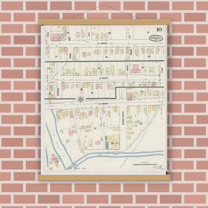 Old map wall art mockup — magnetic wood frame on brick wall — Sanborn Fire Insurance Map from Newark, Licking County, Ohio (1889), Sheet #0010