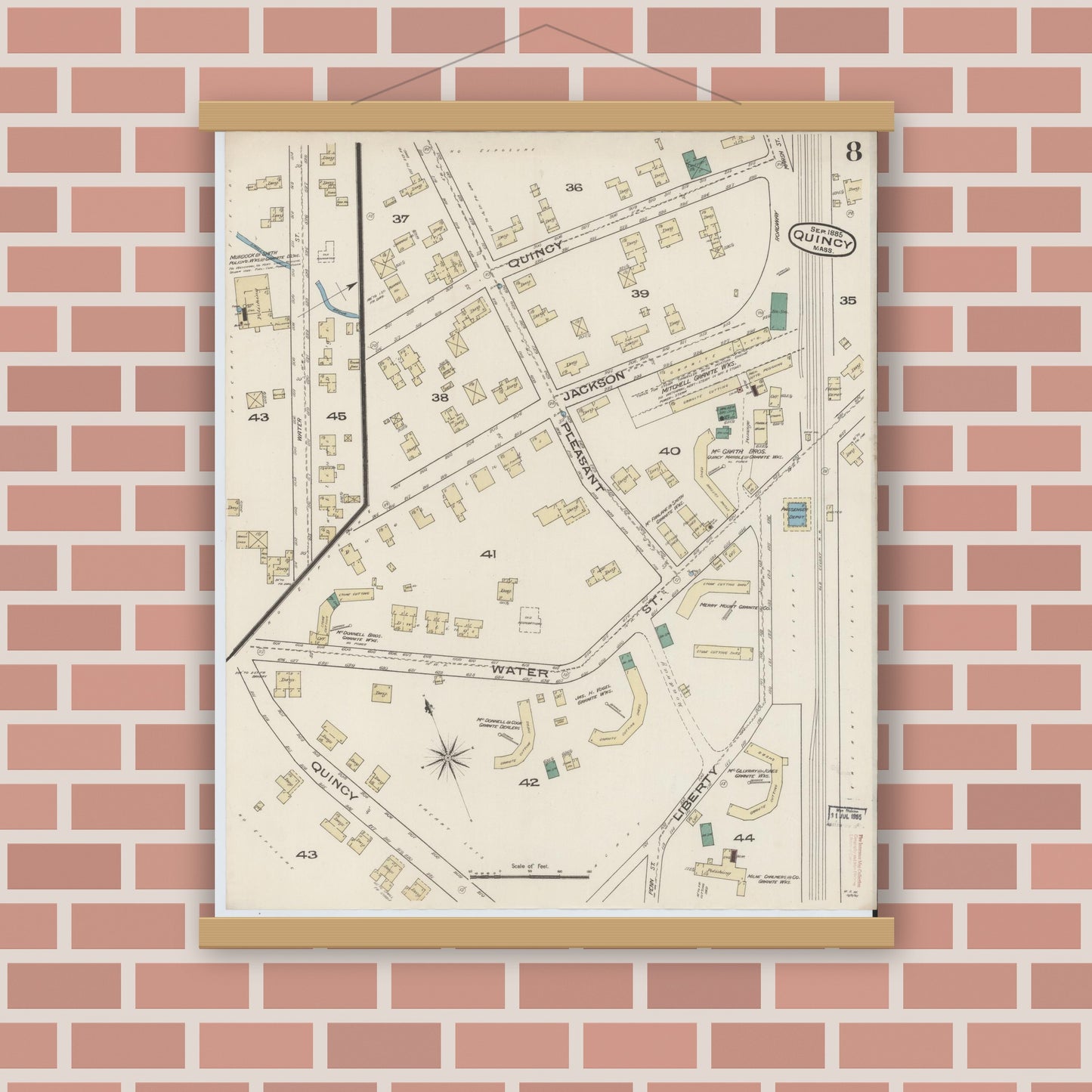 Old map wall art mockup — magnetic wood frame on brick wall — Sanborn Fire Insurance Map from Quincy, Norfolk County, Massachusetts (1885), Sheet #0008