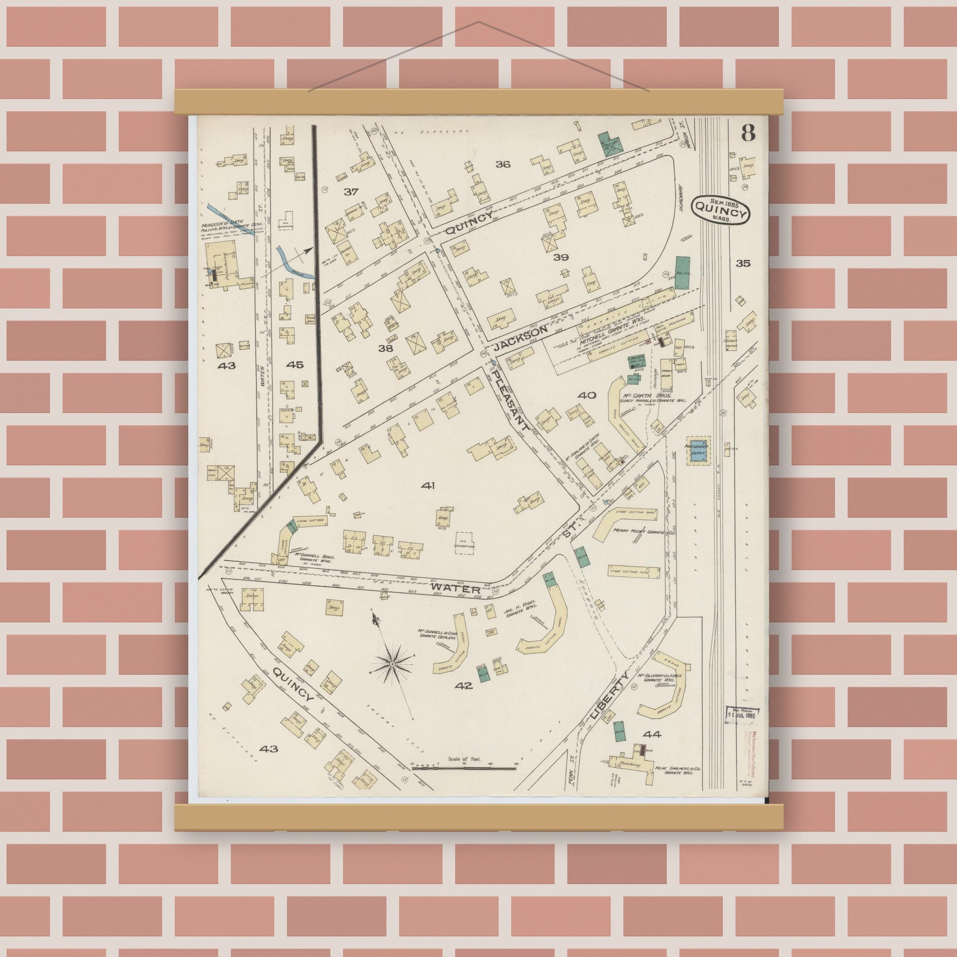 Old map wall art mockup — magnetic wood frame on brick wall — Sanborn Fire Insurance Map from Quincy, Norfolk County, Massachusetts (1885), Sheet #0008