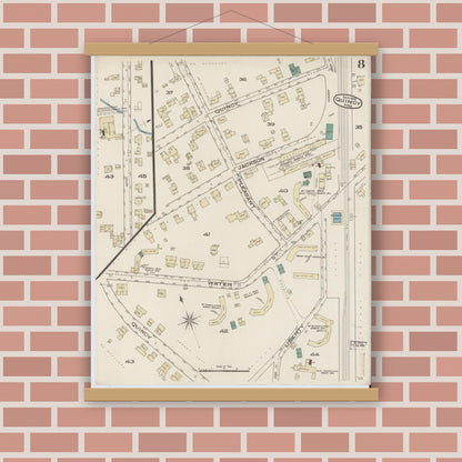 Old map wall art mockup — magnetic wood frame on brick wall — Sanborn Fire Insurance Map from Quincy, Norfolk County, Massachusetts (1885), Sheet #0008