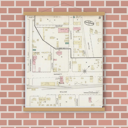 Old map wall art mockup — magnetic wood frame on brick wall — Sanborn Fire Insurance Map from Henderson, Vance County, North Carolina (1885), Sheet #0003