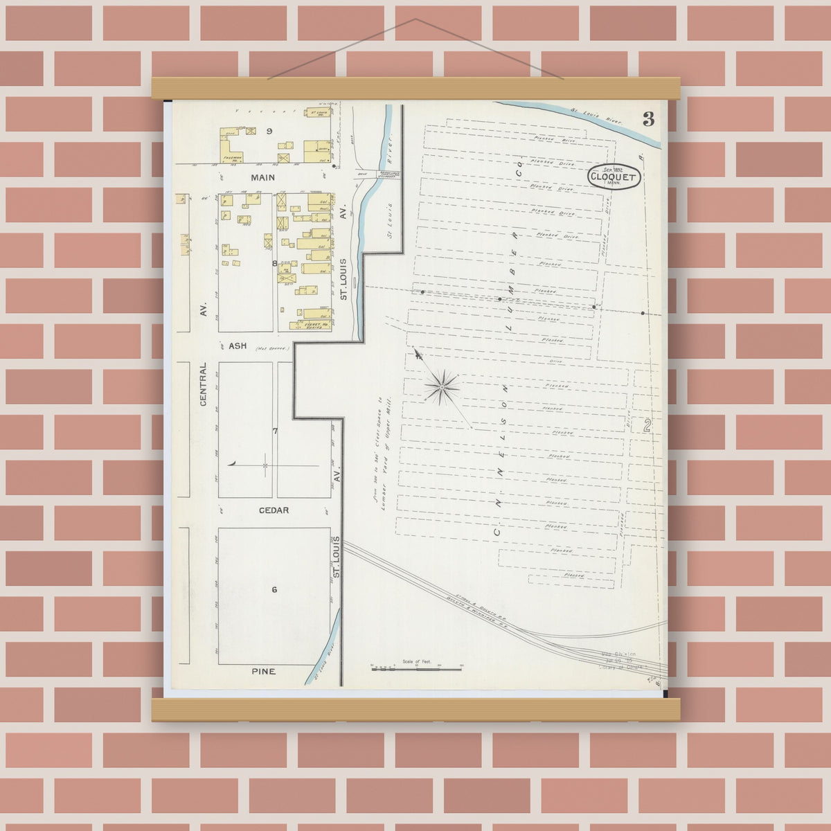 Old map wall art mockup — magnetic wood frame on brick wall — Sanborn Fire Insurance Map from Cloquet, Carlton County, Minnesota (1892), Sheet #0003