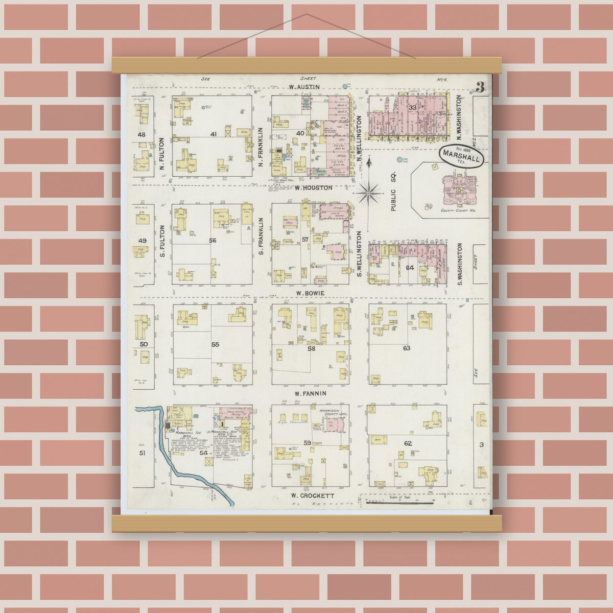 Old map wall art mockup — magnetic wood frame on brick wall — Sanborn Fire Insurance Map from Marshall, Harrison County, Texas (1889), Sheet #0003
