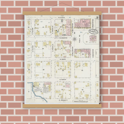 Old map wall art mockup — magnetic wood frame on brick wall — Sanborn Fire Insurance Map from Marshall, Harrison County, Texas (1889), Sheet #0003