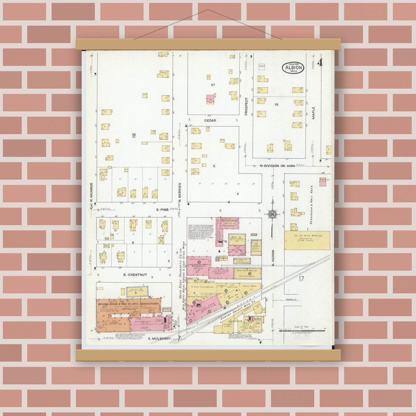 Old map wall art mockup — magnetic wood frame on brick wall — Sanborn Fire Insurance Map from Albion, Calhoun County, Michigan (1918), Sheet #0004