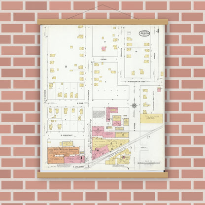 Old map wall art mockup — magnetic wood frame on brick wall — Sanborn Fire Insurance Map from Albion, Calhoun County, Michigan (1918), Sheet #0004