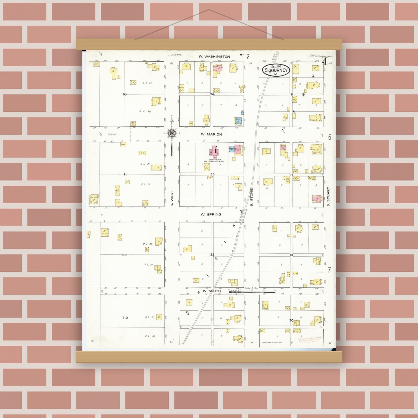 Old map wall art mockup — magnetic wood frame on brick wall — Sanborn Fire Insurance Map from Sigourney, Kiokuk County, Iowa (1916), Sheet #0004