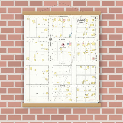 Old map wall art mockup — magnetic wood frame on brick wall — Sanborn Fire Insurance Map from Sigourney, Kiokuk County, Iowa (1916), Sheet #0004