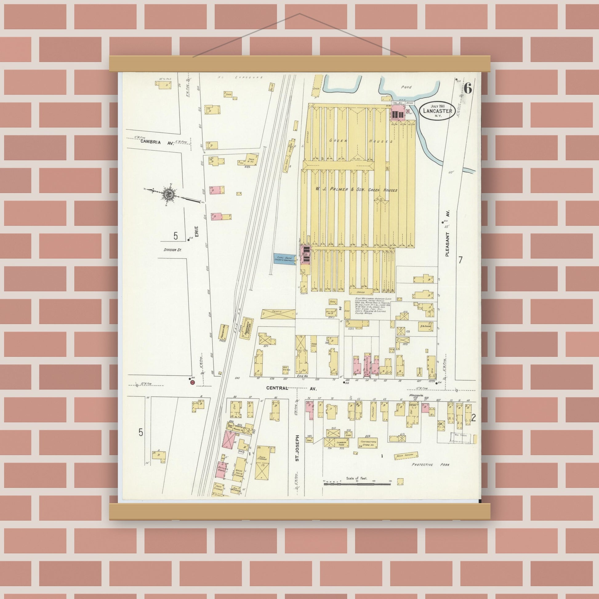 Old map wall art mockup — magnetic wood frame on brick wall — Sanborn Fire Insurance Map from Lancaster, Erie County, New York (1911), Sheet #0006