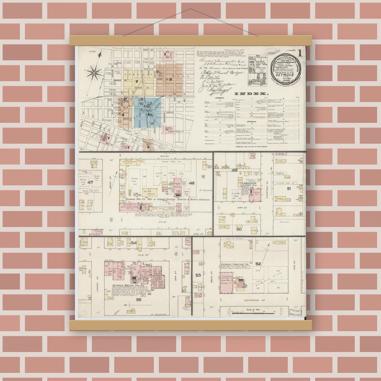 Old map wall art mockup — magnetic wood frame on brick wall — Sanborn Fire Insurance Map from Seymour, Jackson County, Indiana (1887) - Complete Map Set