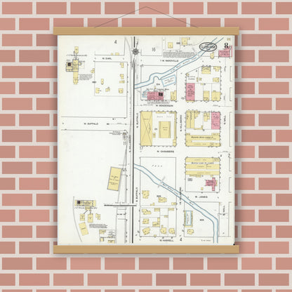 Old map wall art mockup — magnetic wood frame on brick wall — Sanborn Fire Insurance Map from Cleburne, Johnson County, Texas (1918), Sheet #0008