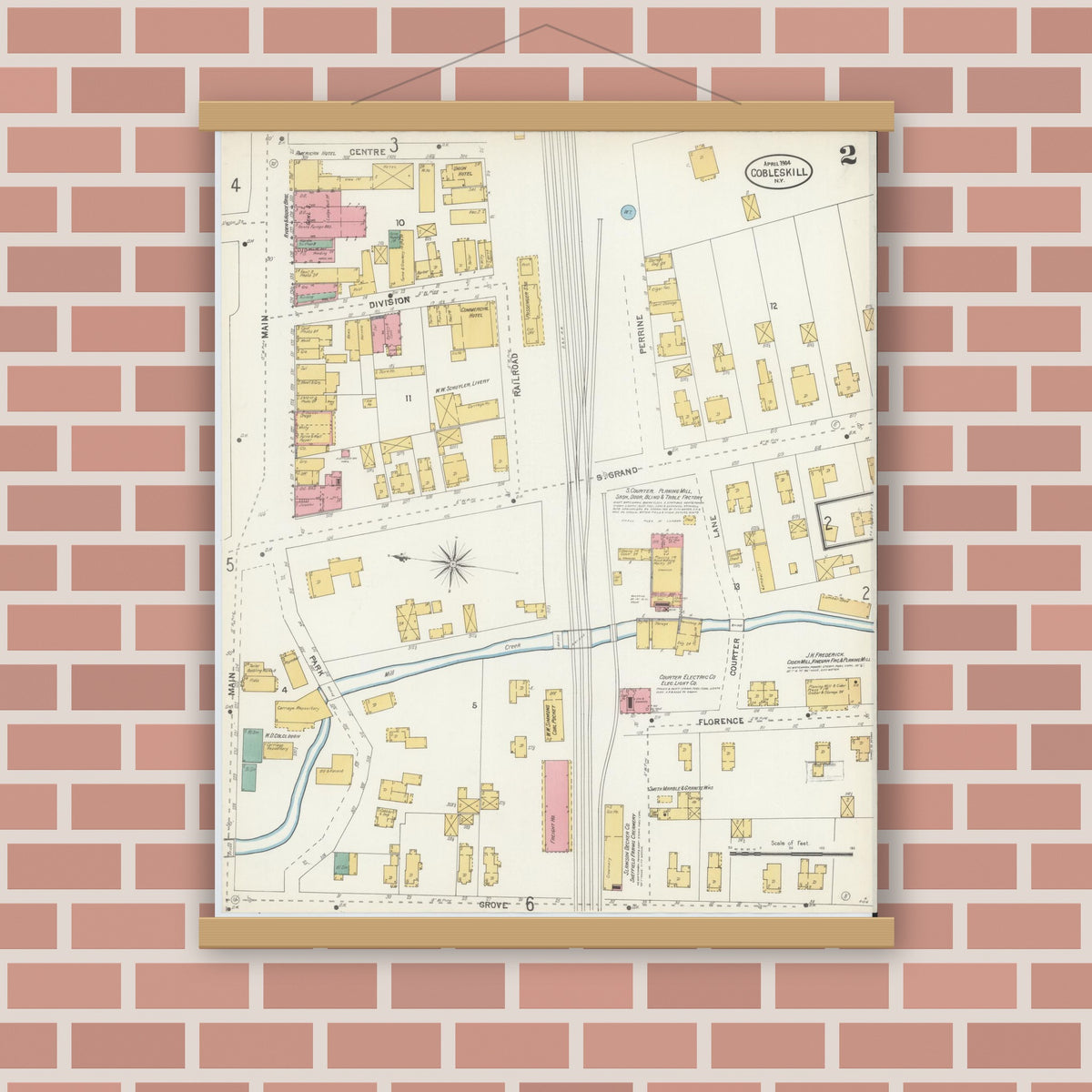 Old map wall art mockup — magnetic wood frame on brick wall — Sanborn Fire Insurance Map from Cobleskill, Schoharie County, New York (1904), Sheet #0002