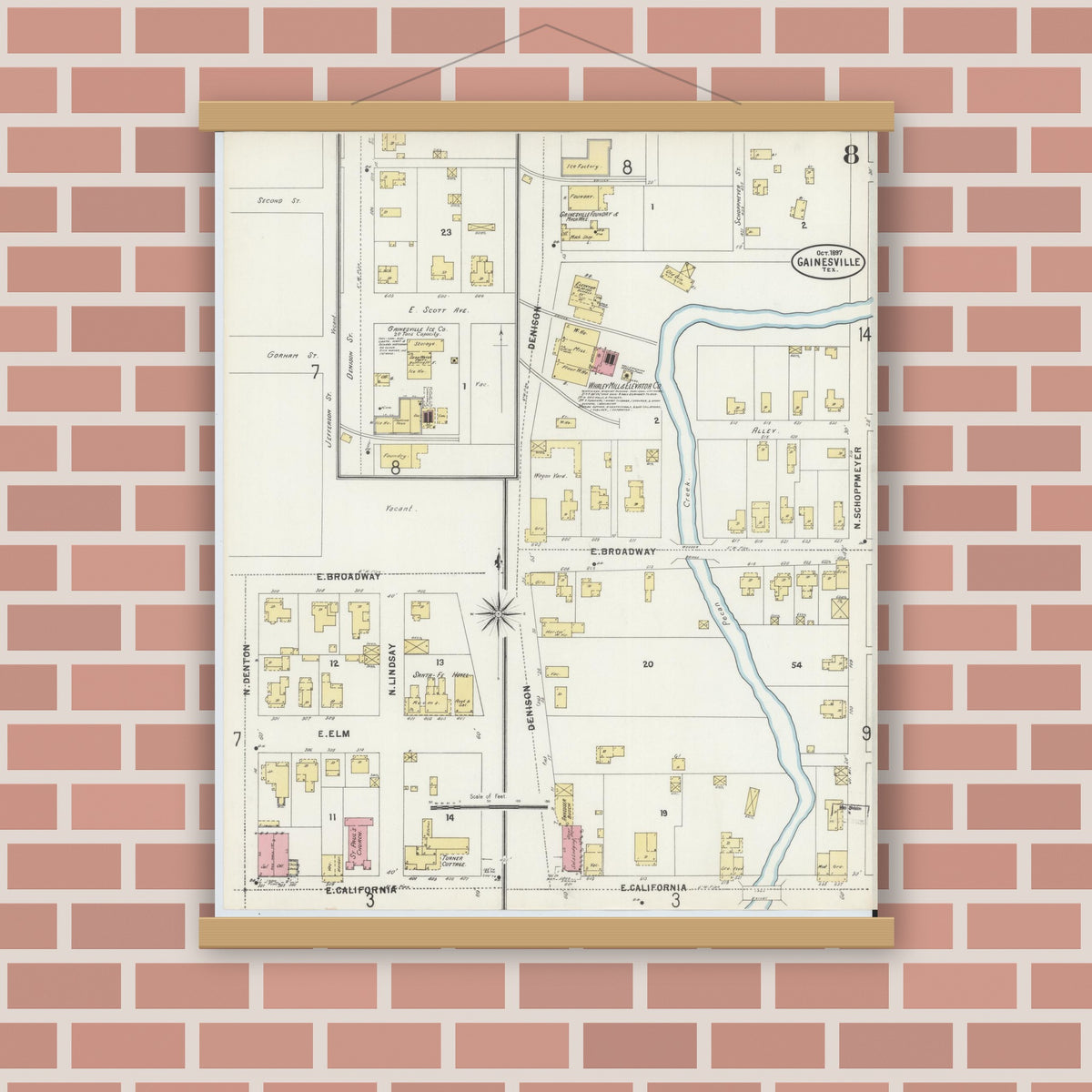 Old map wall art mockup — magnetic wood frame on brick wall — Sanborn Fire Insurance Map from Gainesville, Cooke County, Texas (1897), Sheet #0008